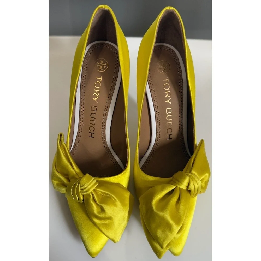 Tory‎ Burch Yellow Satin Bow Pointed Toe Pumps White Stiletto Heels Womens 5.5